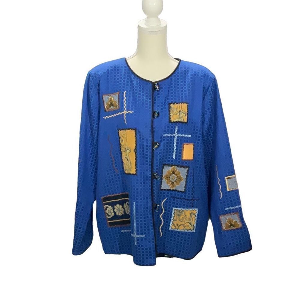 VTG Julia Ku Blue Patchwork Barrel Buttons Long Sleeve Shoulder Pads Jacket Sz L